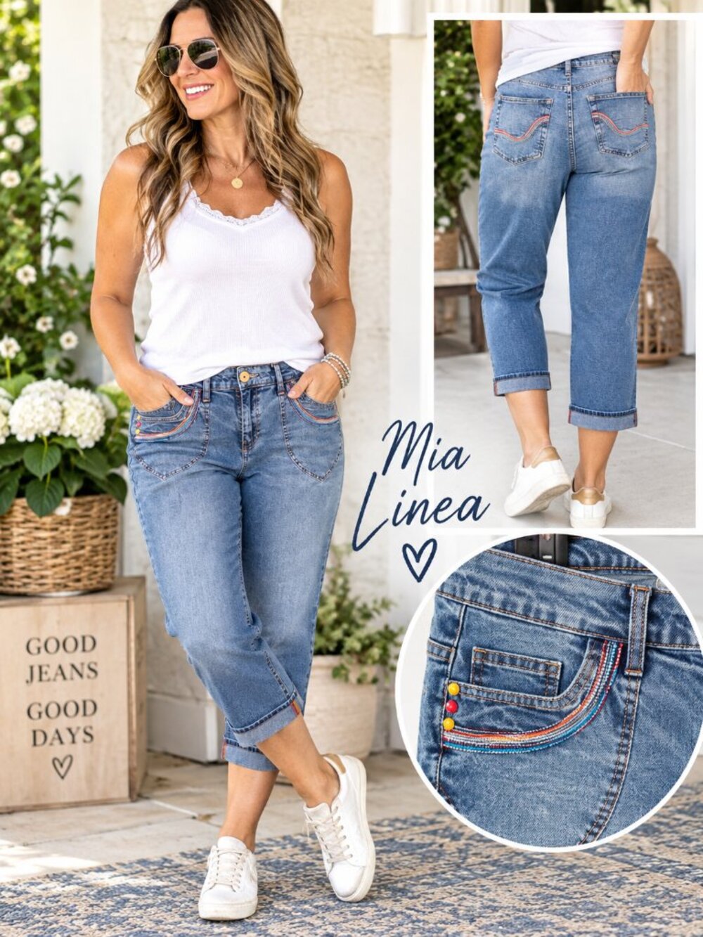 Embroidered Capri Jeans Blue Stretch Mid Rise Cropped EU 42 US 12/14